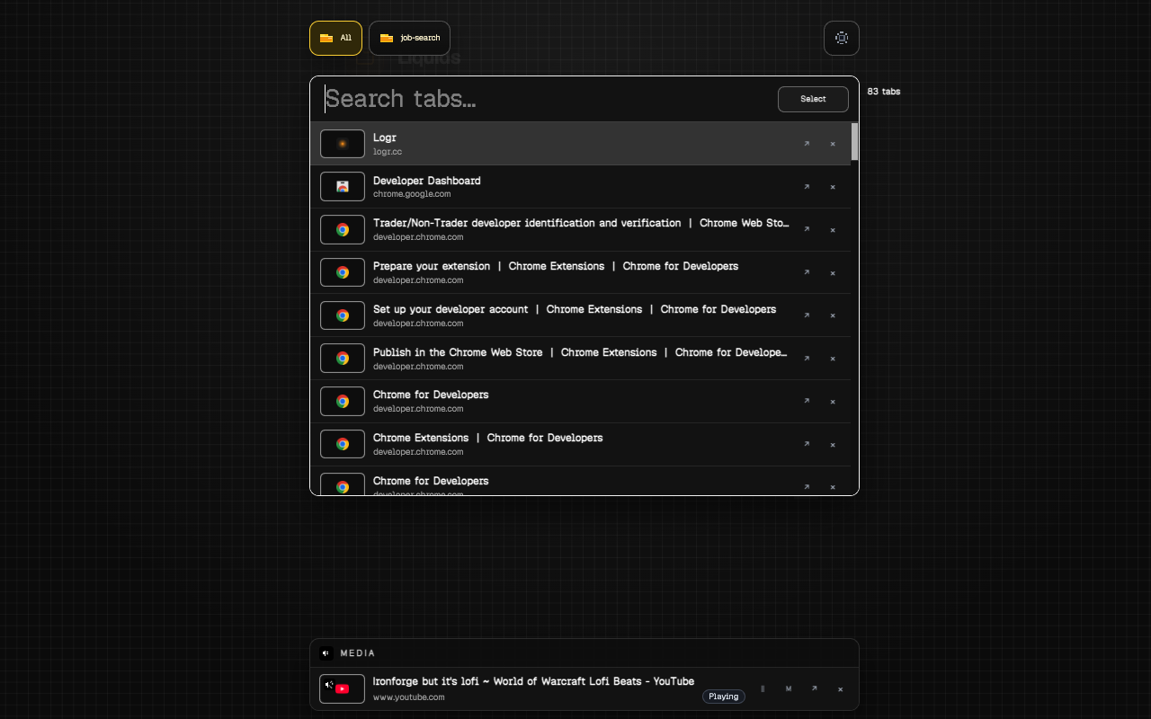 Tabari app preview showing command-style tab search